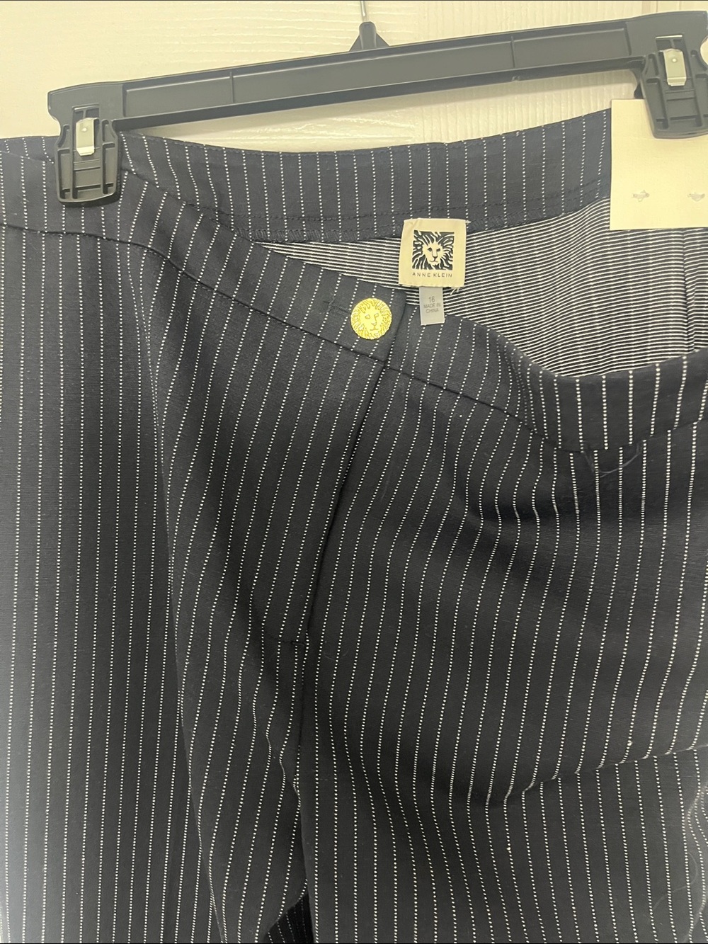 Anne Klein Navy and White Pinstripe trousers  with Gold Accent